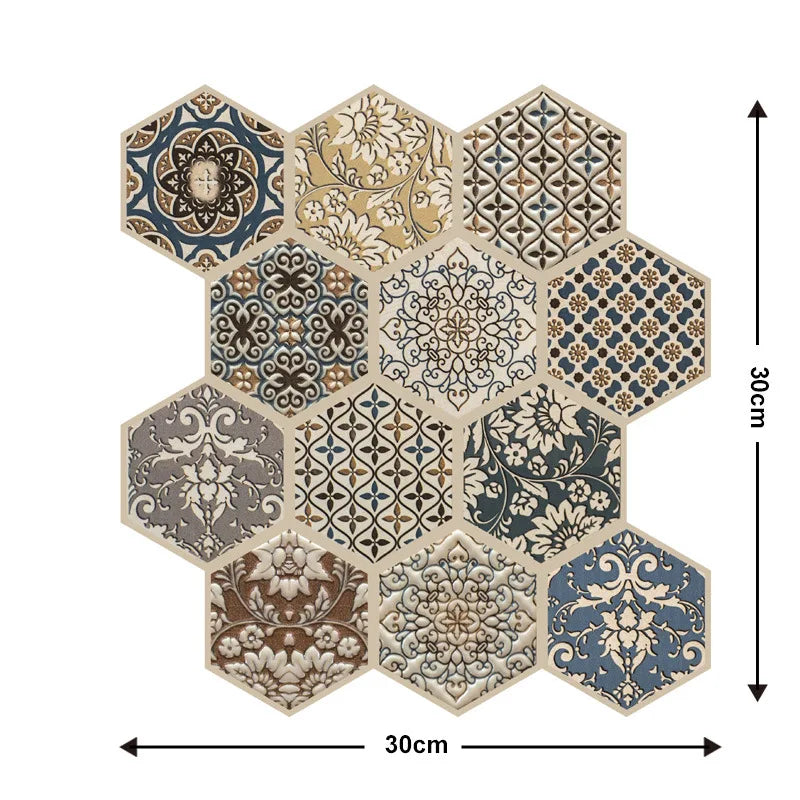 Peel-and-stick hexagon mosaic backsplash tiles with mixed brown, blue, and cream prints