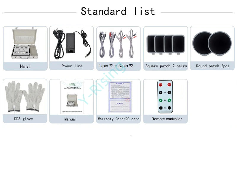 DDS bio-electric body massager kit with host, cables, electrode patches, conductive gloves, and remote controller.