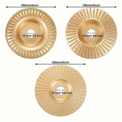 Gold angle grinder wood carving disc with center hole, shown with size markings