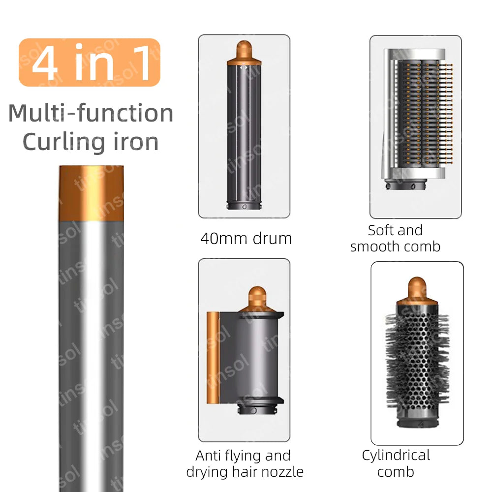 4-in-1 hair dryer styling set with metallic gray and copper curling iron, drum, nozzle, and brush attachments.