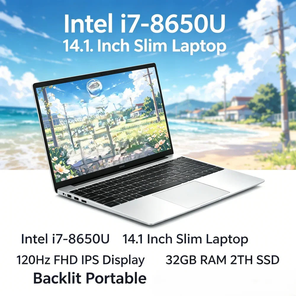 Intel I7-8650U 14.1 Inch Slim Laptop 120Hz FHD IPS Display 32GB RAM 2TB SSD Backlit Portable Notebook