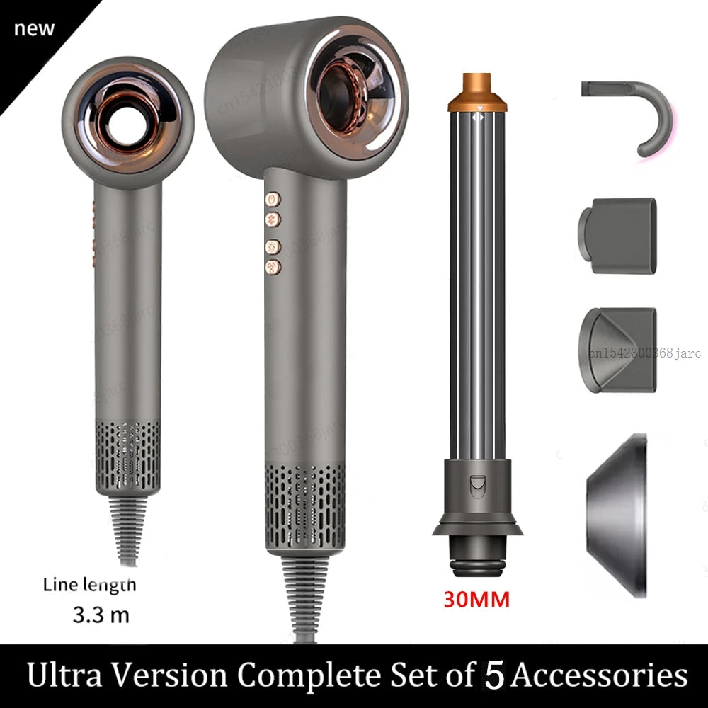 Grey 1600W leafless negative ion hair dryer with 5 styling attachments, 3.3m cord, and constant temperature technology.