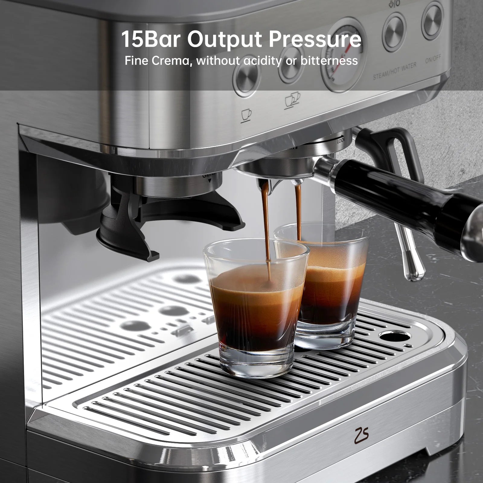 ZS stainless steel 15-bar espresso machine brewing two cups of coffee with pressure gauge and steam wand features.