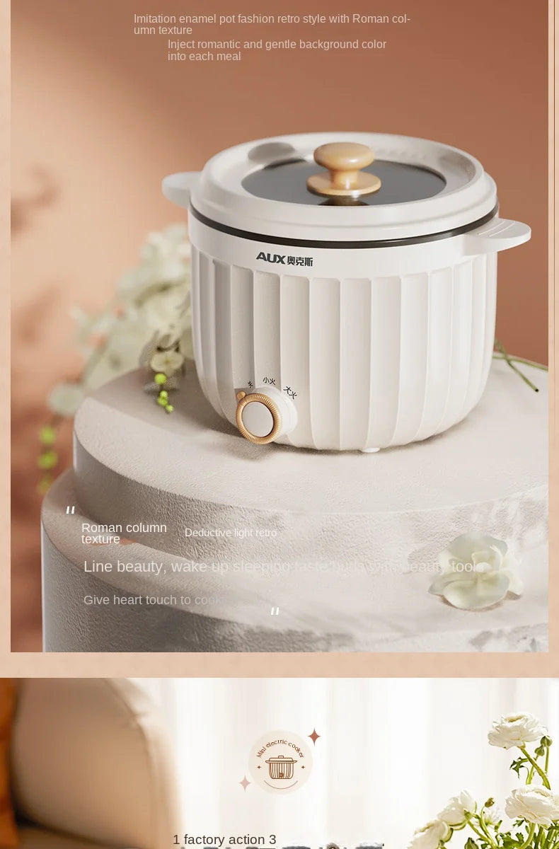 Top view of white electric rice cooker with glass lid and central steam knob