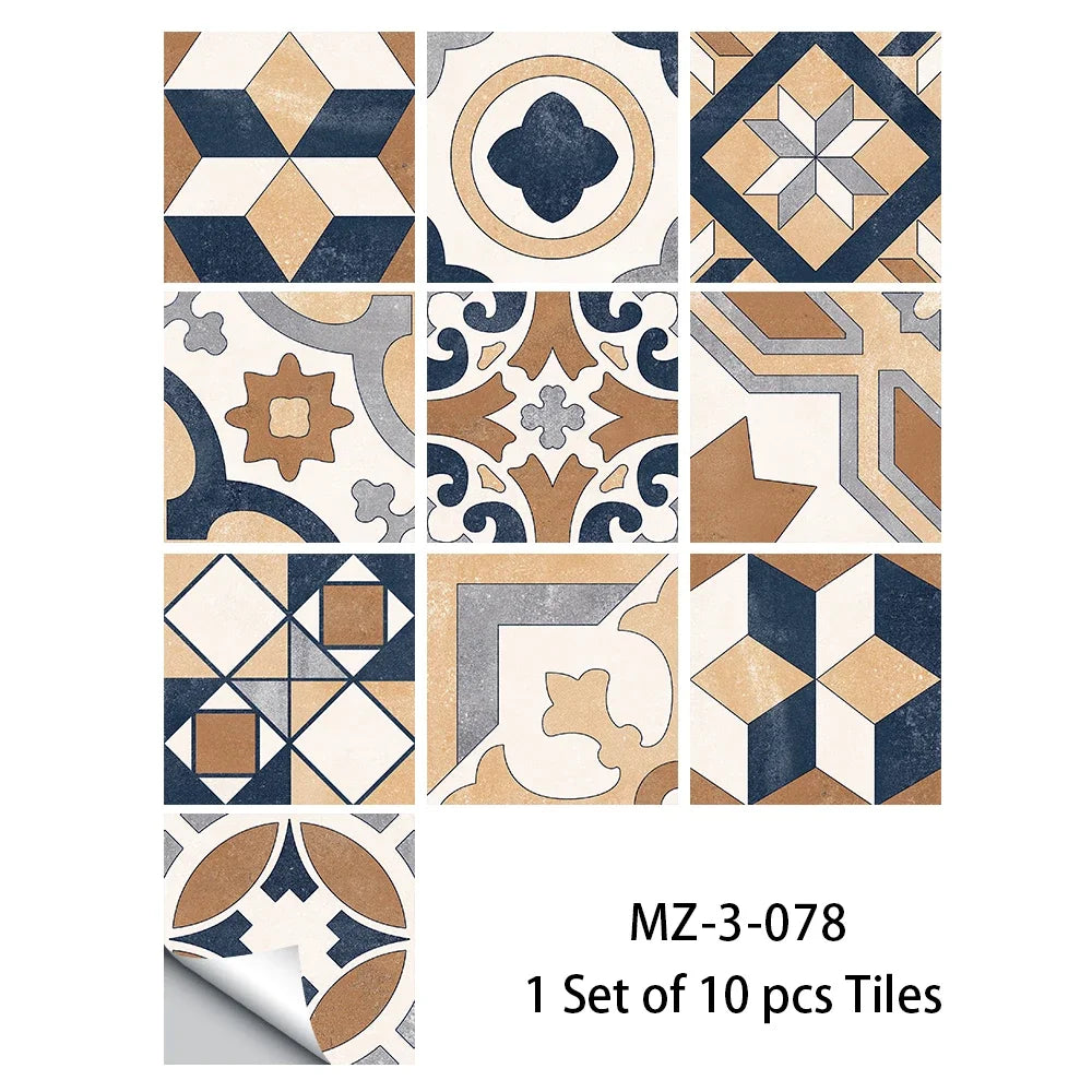 Beige and dark navy geometric floor sticker tiles set with mosaic corner motifs.