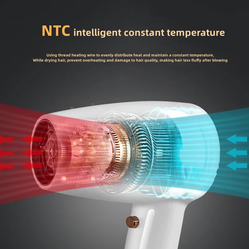 White wall-mounted hair dryer with NTC constant temperature technology for safe, efficient professional hair drying.