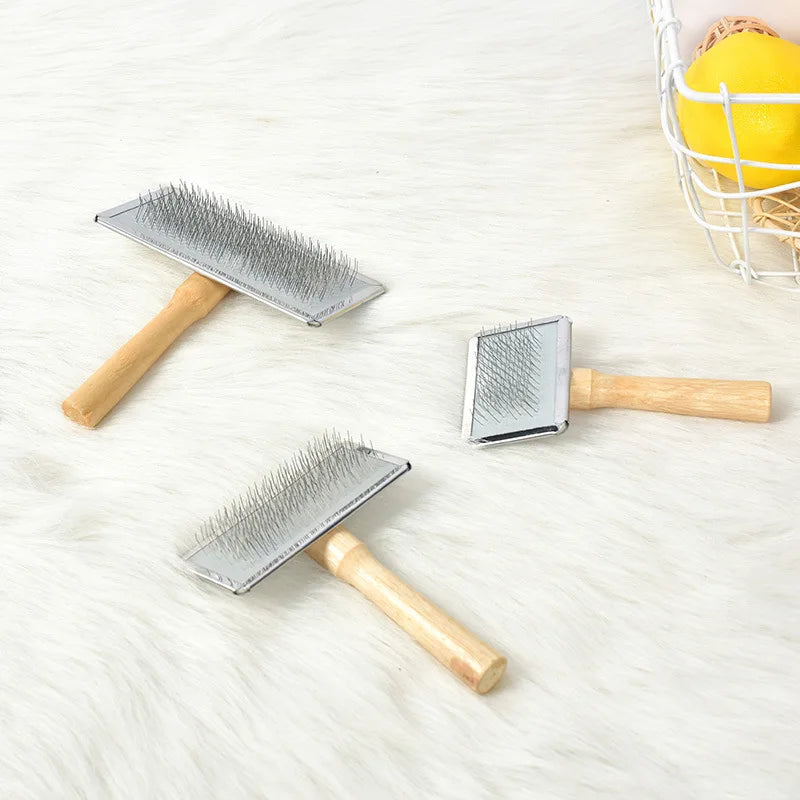 Pet hair remover brushes with wooden handles for grooming dogs, cats, and removing lint from clothes and furniture.