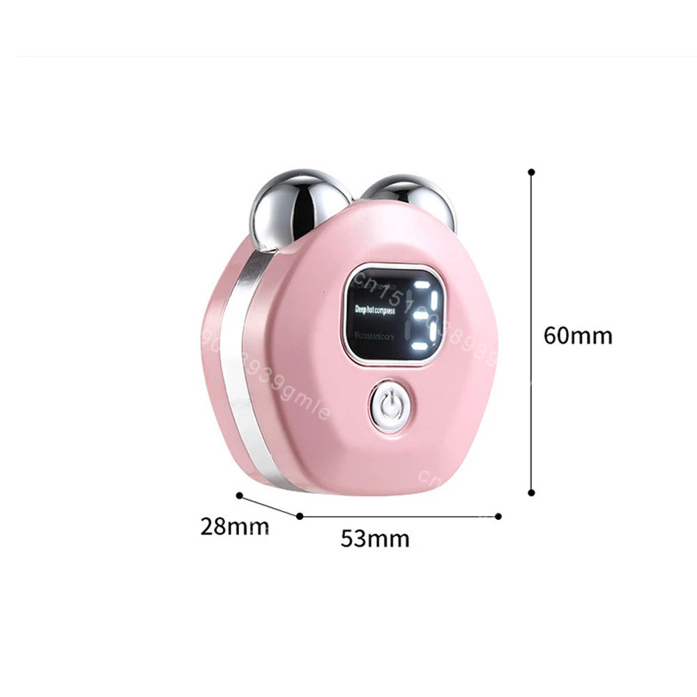 Pink, bear-shaped facial microcurrent massager with chrome rollers, digital display, power button, and dimensions.