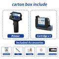 Carton box includes handheld inkjet printer and cartridge x1 with accessory icons
