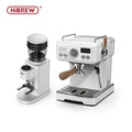 HiBREW white espresso machine and coffee grinder set with wooden portafilter handle and digital display.