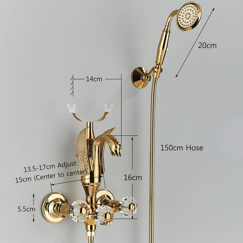 Golden Swan Bathtub Shower Faucet Wall Mounted Hot Cold Water Bath Tub Faucet Rotate Spout Dual Handles