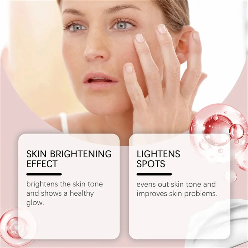 A woman touching her face next to text boxes describing a skin brightening and spot-lightening cream.