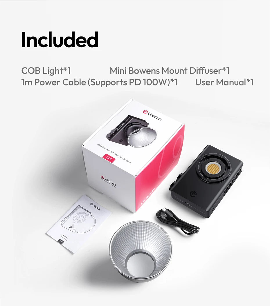 100W Portable COB LED Video Light - Adjustable Bi-Color Bowens Mount Tidesmit