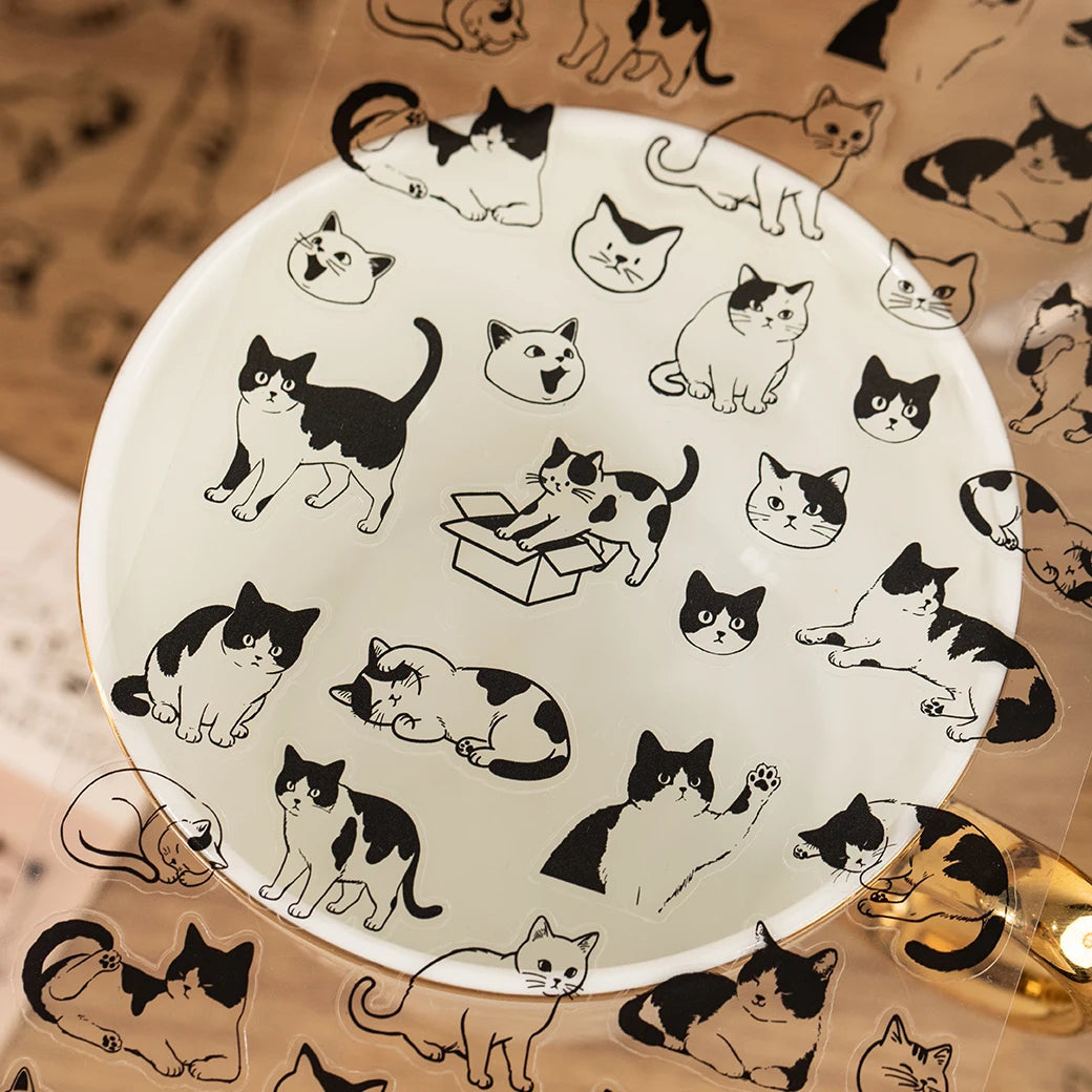 Cute black and white cat PET stickers for scrapbooking and DIY crafts. Waterproof cartoon cat decals for decoration.