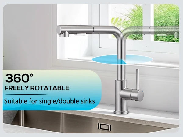 304 stainless steel kitchen tap, pull-out sprayer, brushed finish, 360° swivel, perfect sink mixer tap for kitchen toilet