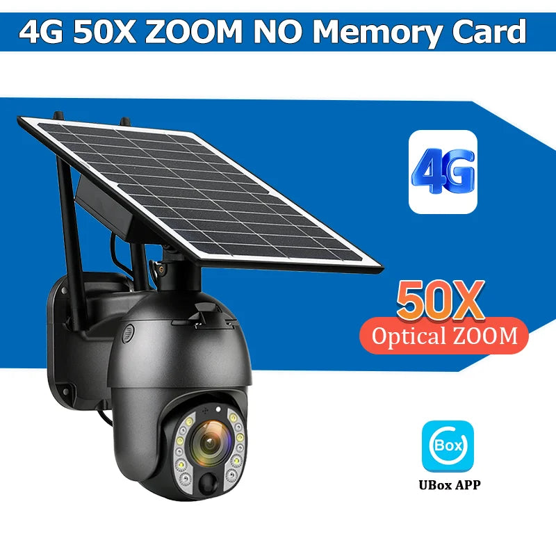 Black 4G solar PTZ security camera with 50x optical zoom, no memory card included