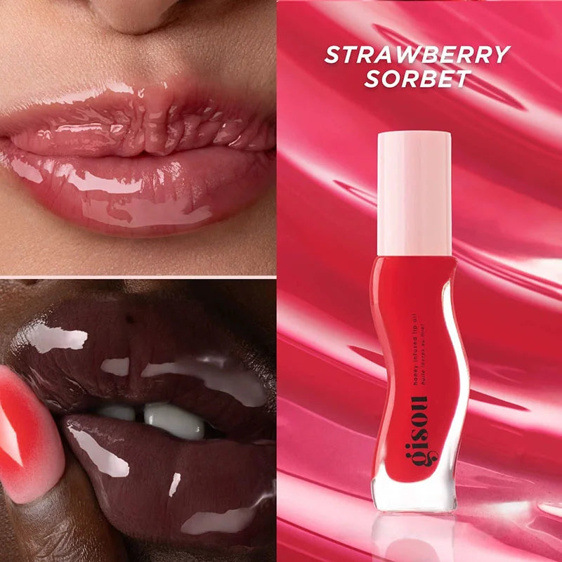 Gisou Honey Infused Lip Oil in Strawberry Sorbet: a glossy, plumping lip treatment with a vibrant red-pink tint.