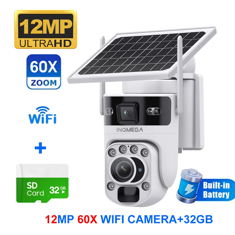 White solar PTZ WiFi security camera with dual lens, 60X zoom, 12MP UltraHD, 32GB