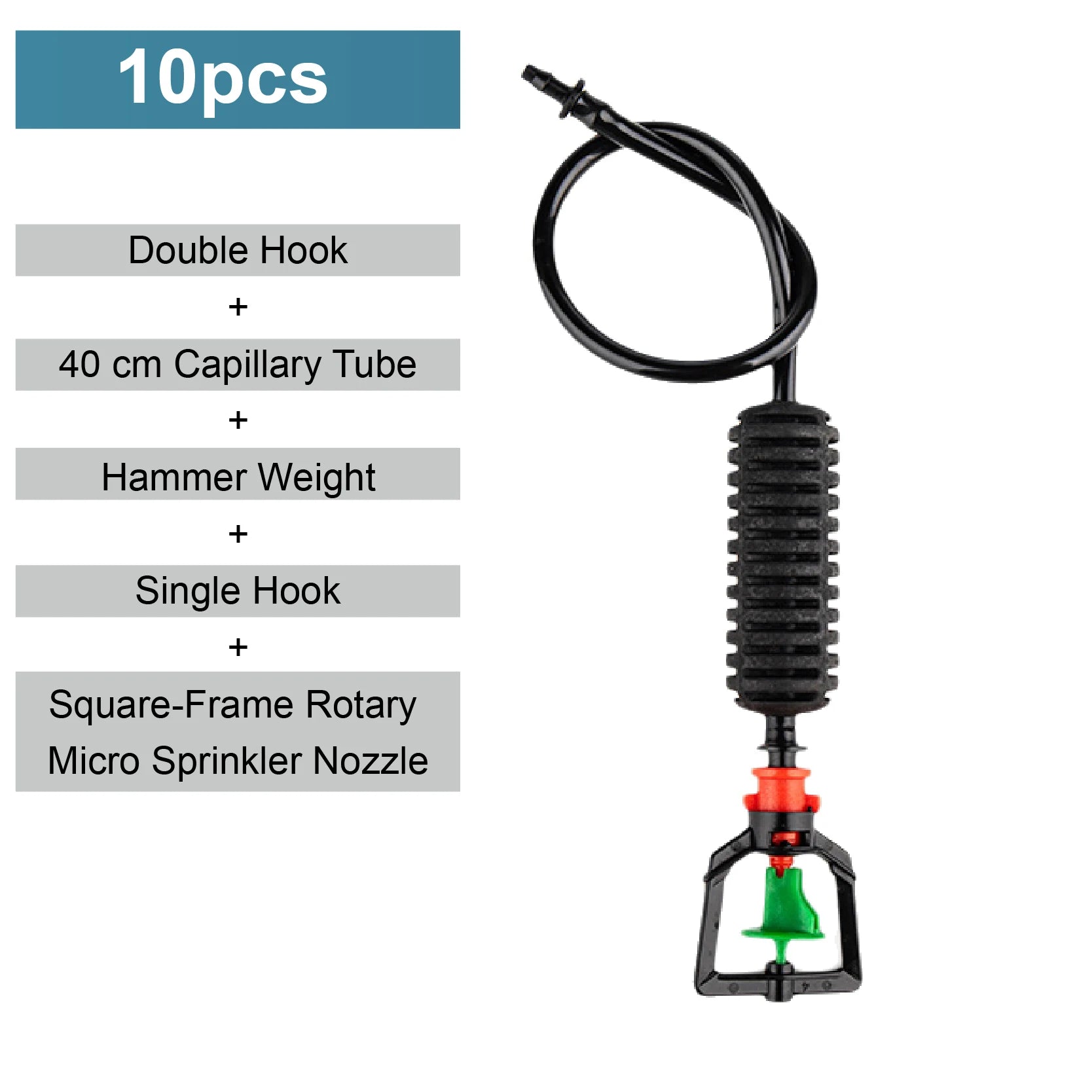 Garden hanging mist sprayer nozzle with black tube and green square frame hook