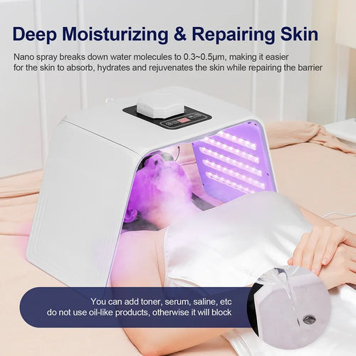 Arch-shaped LED red light therapy device for facial skin rejuvenation and hydration with nano spray mist.