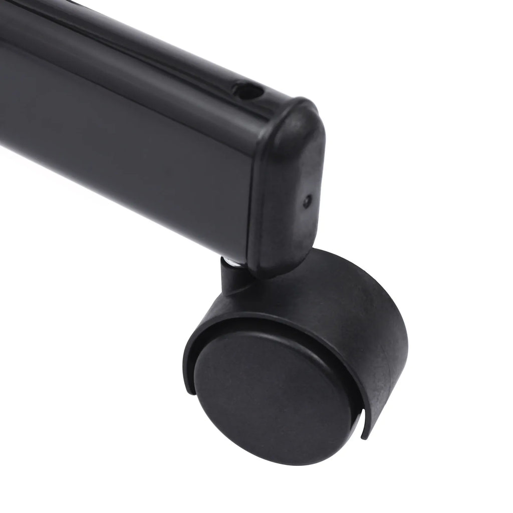 Close-up of a black, durable caster wheel on the base of a professional, portable facial steamer stand.