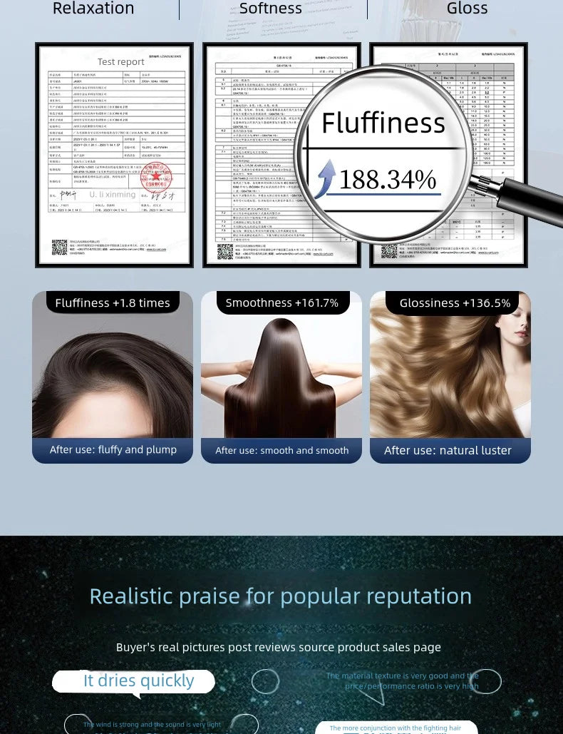 7-in-1 ionic hair dryer results: shows fluffiness, smoothness, and hair gloss improvement for quick-dry styling.