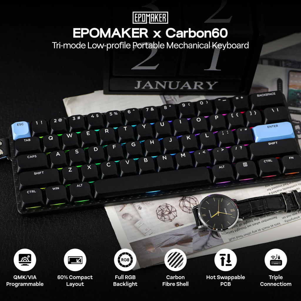 EPOMAKER Carbon60 60% ANSI US Layout Tri-mode Wireless Mechanical Keyboard with QMK/VIA Programmable & RGB Backlights