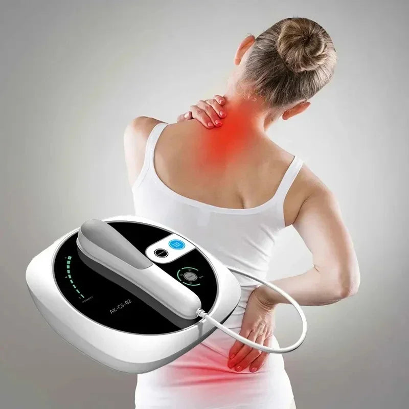 White 1MHz ultrasonic physiotherapy massage device for home pain relief on back and neck joints.