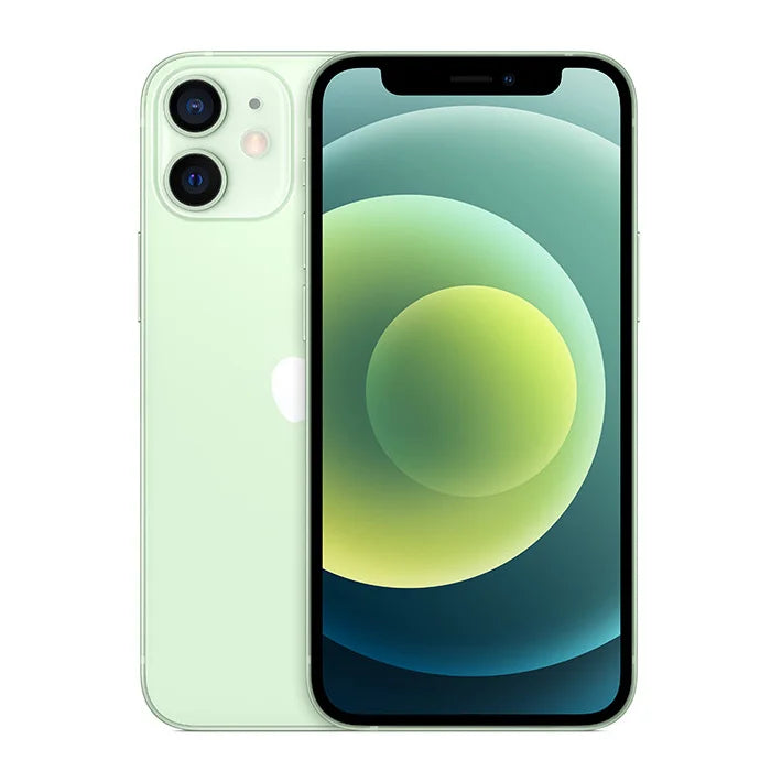 Green Apple iPhone 12, unlocked 5G smartphone, 6.1-inch display, dual-camera system, front and back view, white background.