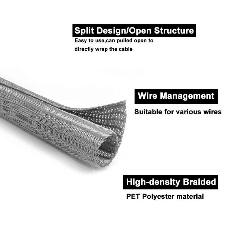 Silver PET braided cable sleeve with split design for easy wire management and chew-proof pet cable protection.