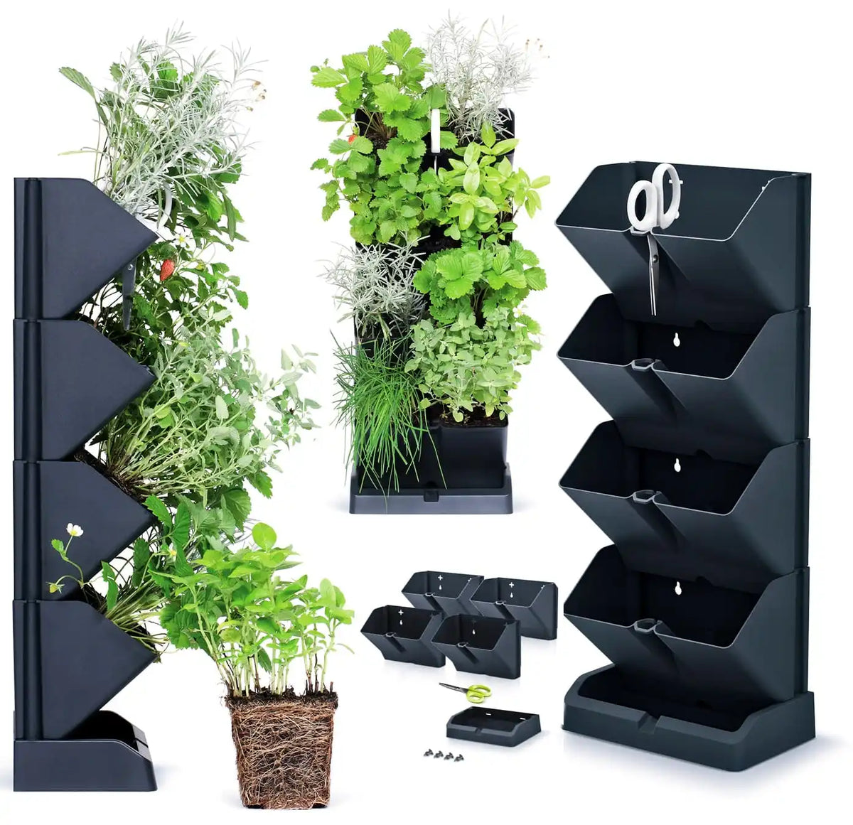Anthracite vertical modular flowerpot planter with angled dark grey trays, 4 tiers