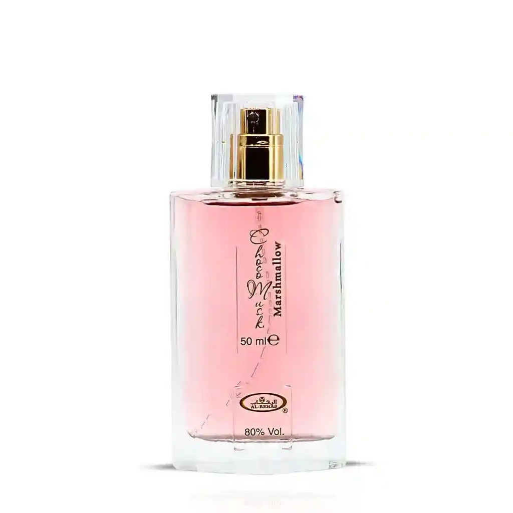 Al-Rehab Choco Musk Marshmallow EDP for women: 50ml rectangular bottle, gourmand scent with cocoa, strawberry, vanilla.