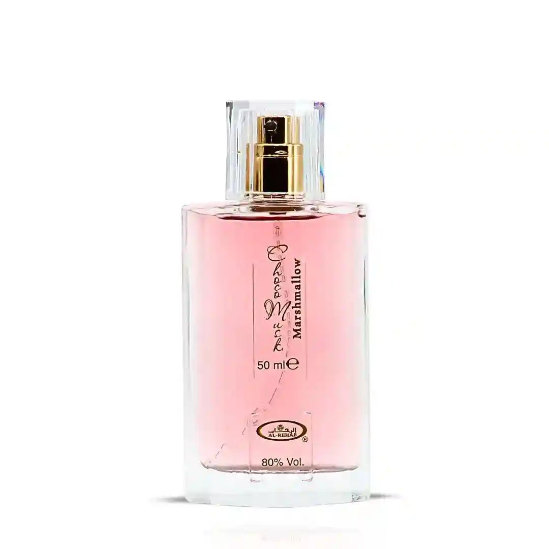 Al-Rehab Choco Musk Marshmallow EDP for women: 50ml rectangular bottle, gourmand scent with cocoa, strawberry, vanilla.