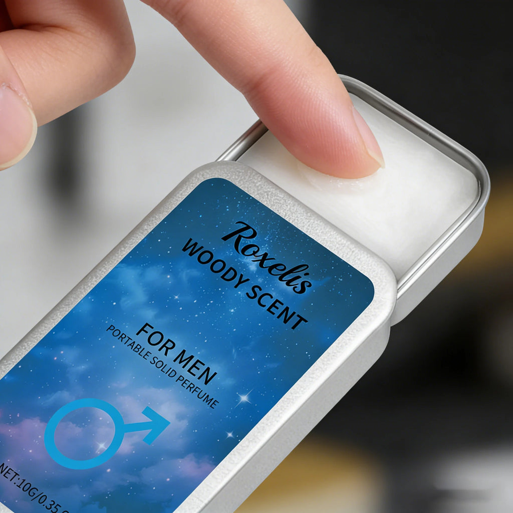 Roxelis woody solid perfume for men. Portable rectangular metal tin, natural long-lasting fragrance balm pocket scent.