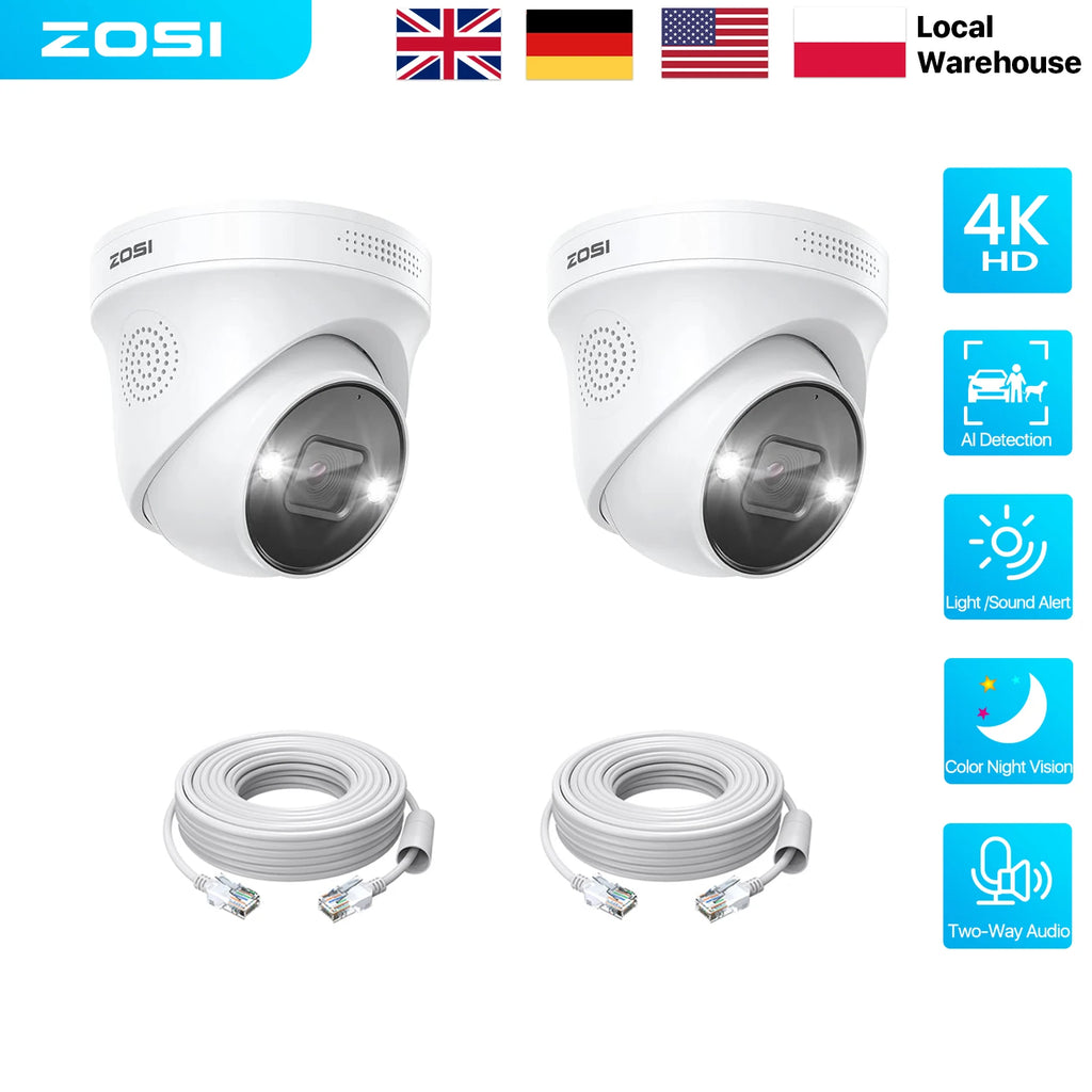 ZOSI 8MP 5MP PoE Dome Camera Set Outdoor/Indoor AI Human Car Detection 2-Way Audio Color Night Vision Surveillance IP Camera Kit