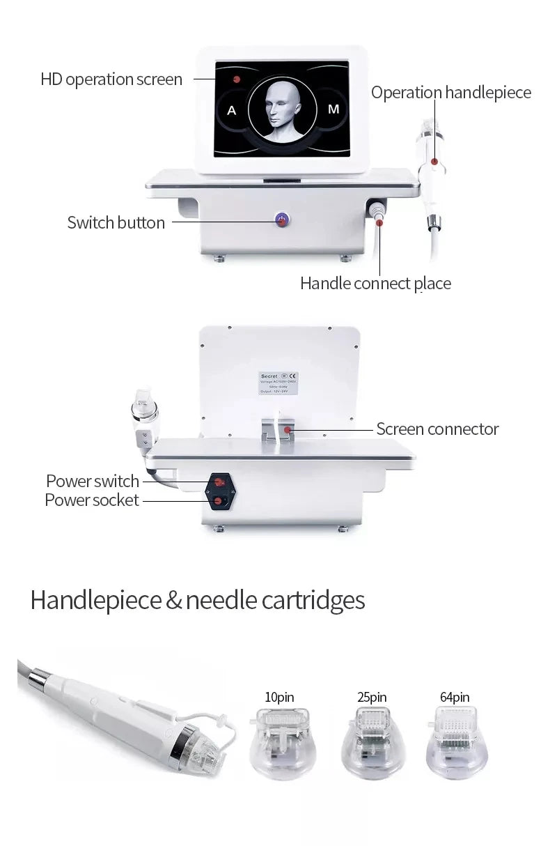 Portable fractional RF skin tightening device with HD screen, handlepiece, and 10/25/64 pin needle cartridges for face.