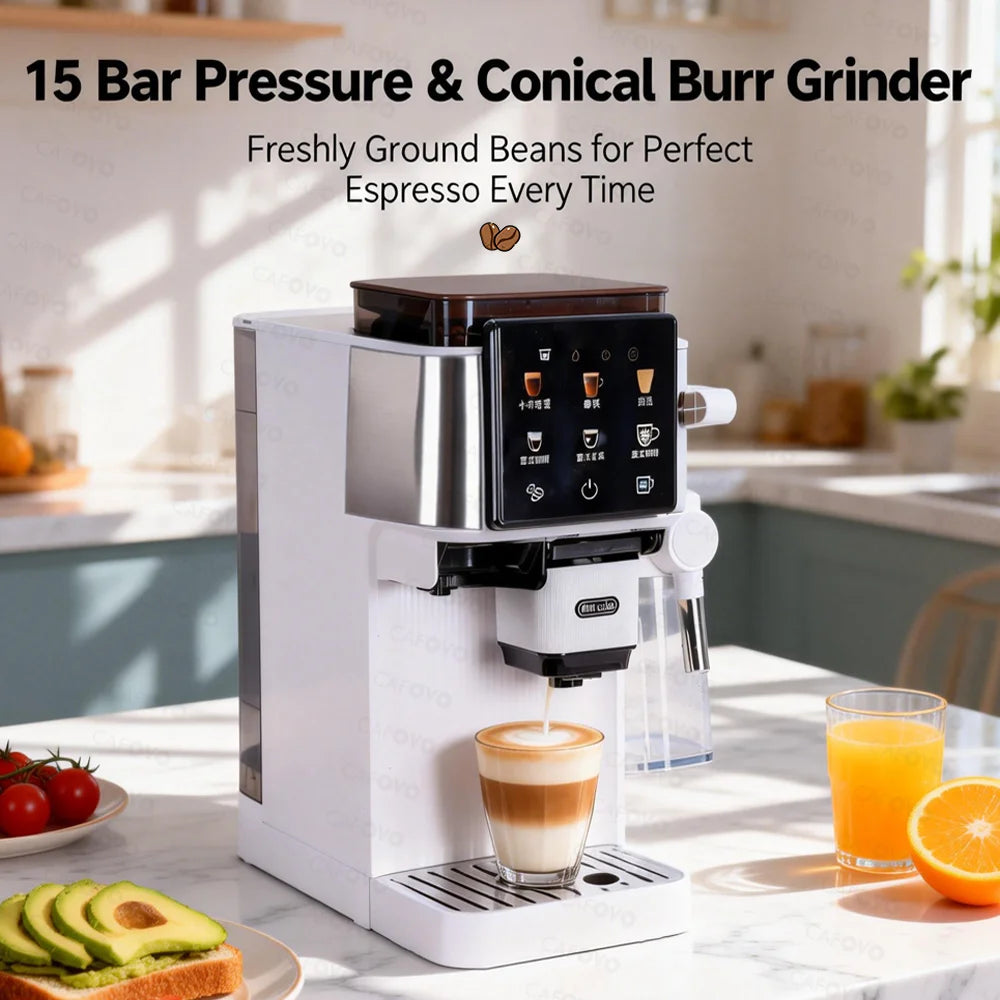 CAFOVO white 15-bar espresso machine with built-in conical burr grinder and digital touchscreen display.