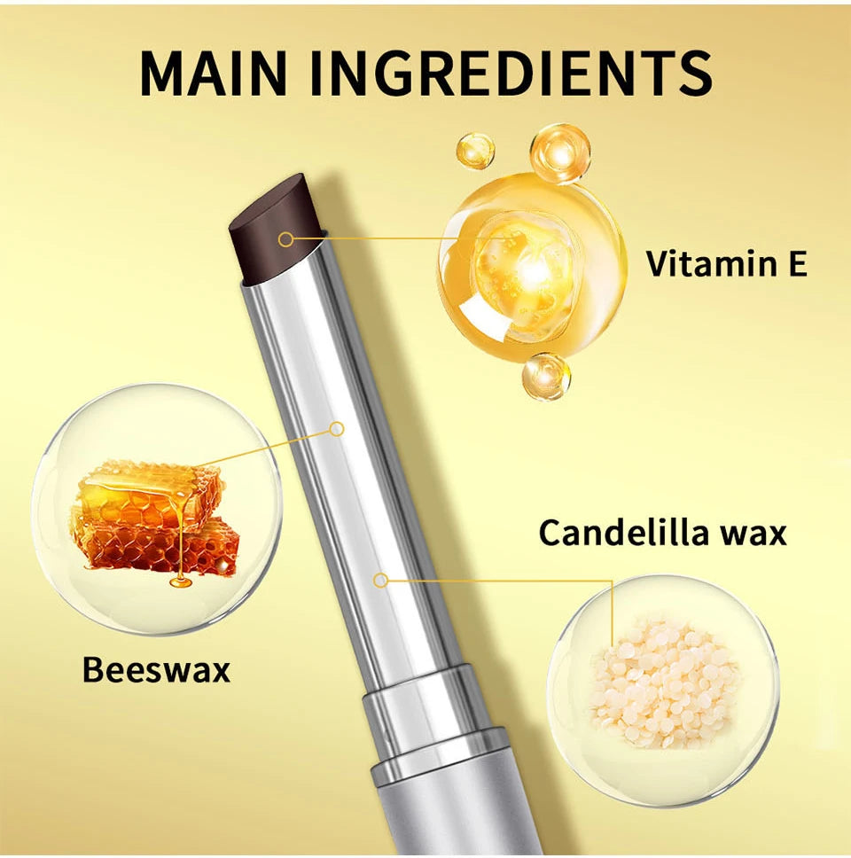 Dark brown nourishing lip balm with Vitamin E, beeswax, and candelilla wax for a moisturizing, non-stick finish.