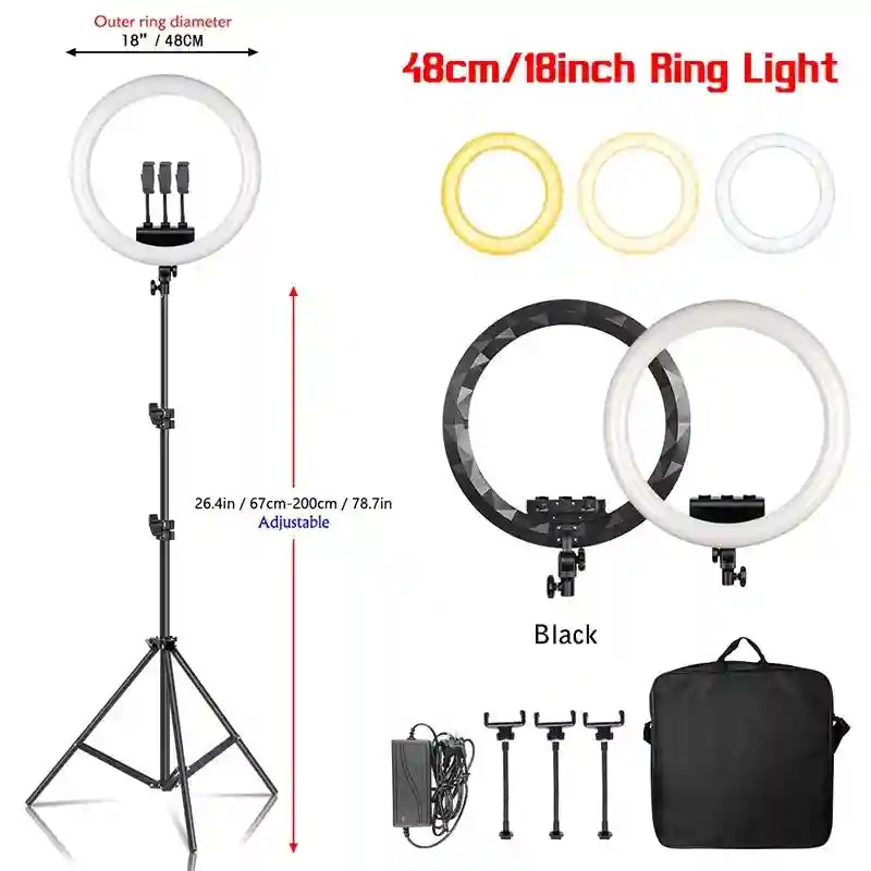 18-inch LED ring light with adjustable tripod stand, three phone holders, power adapter, and carrying case.