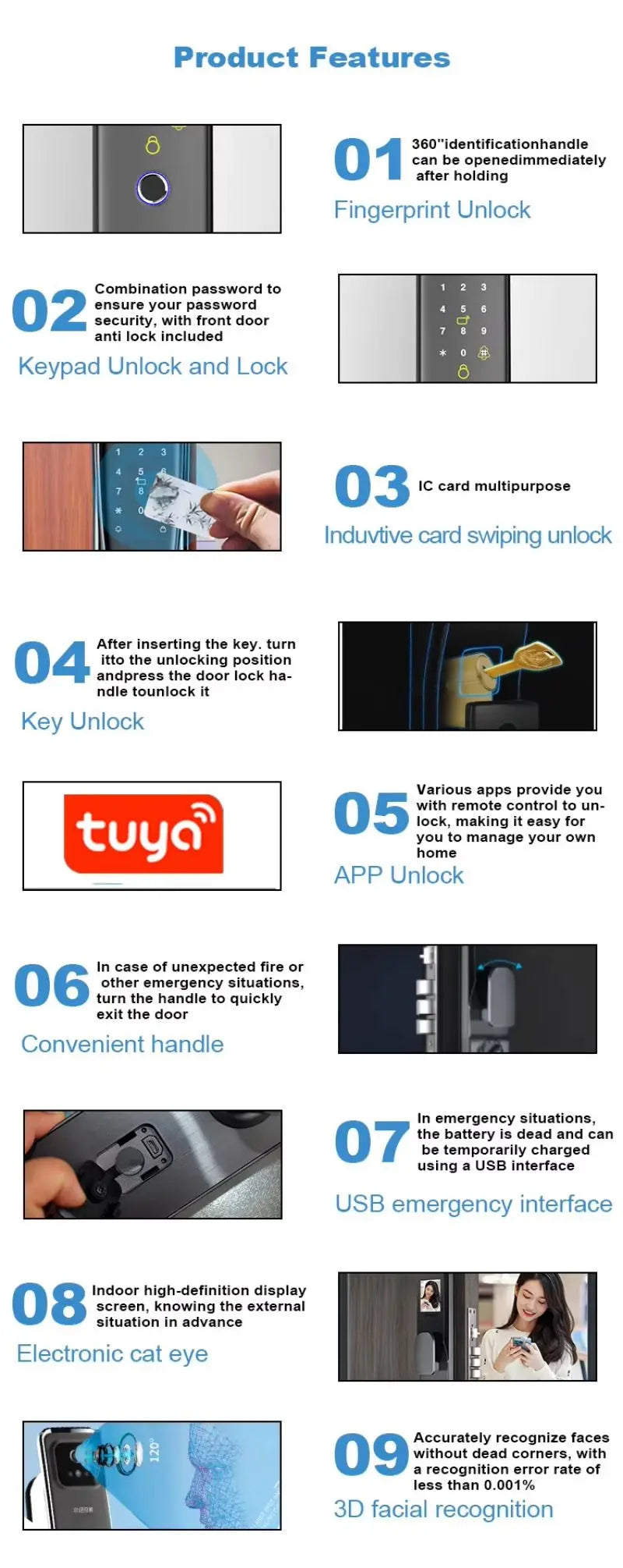 3D Face Recognition Smart Door Lock WiFi Electronic Home Lock with Camera RFID Card Compatible with Tuya for Smart Home Security