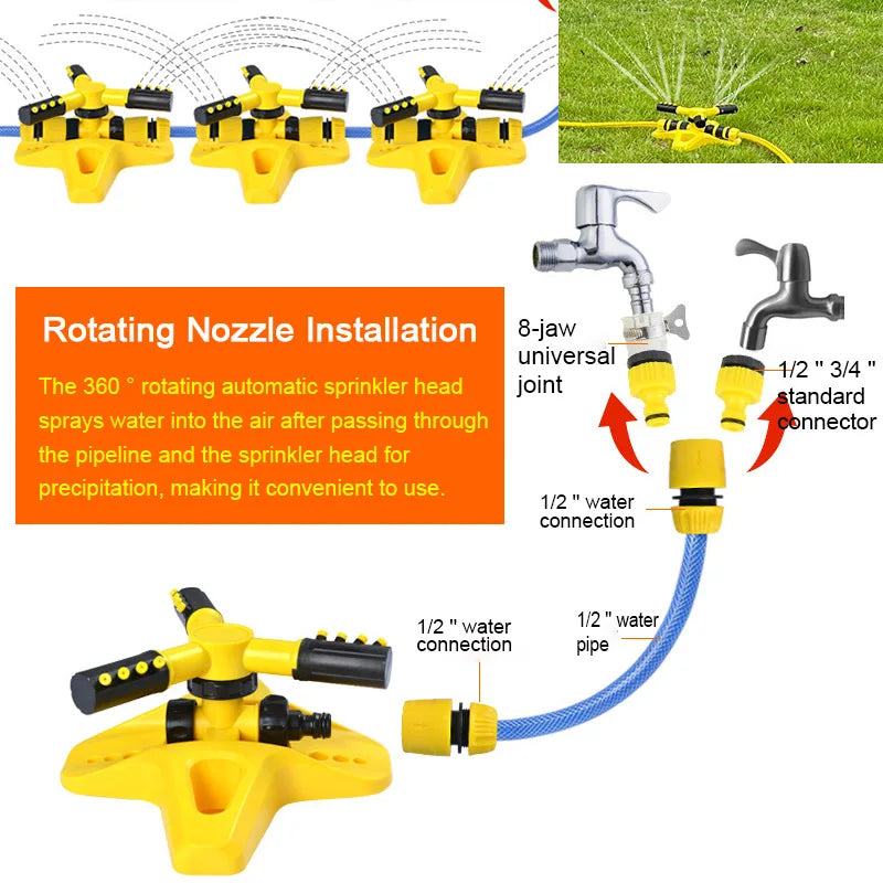Yellow 360 rotary sprinkler with rotating nozzle installation and garden hose connector pieces