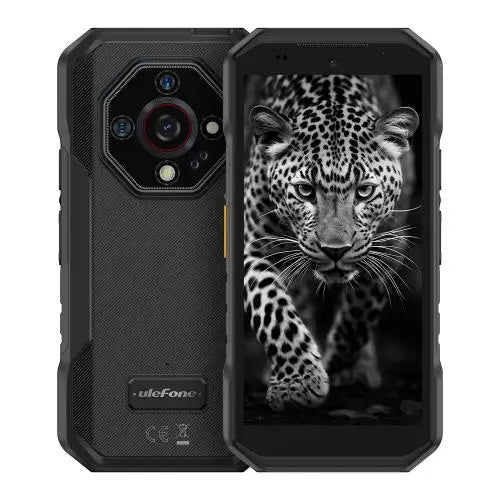 Ulefone Armor X32 black rugged smartphone, front and back view, 5.65-inch display, night vision camera system.