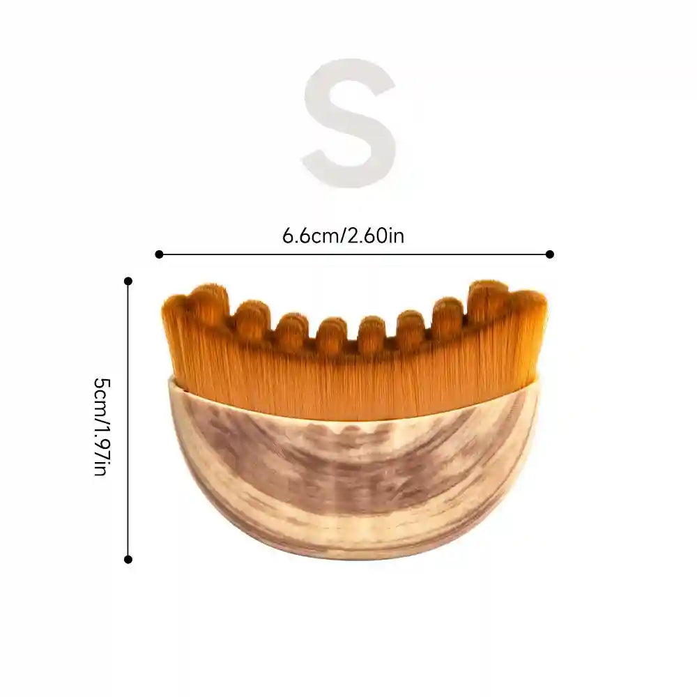 Small crescent-shaped face contouring brush with brown bristles and a wood-grain patterned handle with measurements.