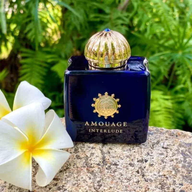 Amouage Interlude blue square bottle EDP. Unisex woody oriental luxury Arabic perfume, long-lasting scent, gold cap.