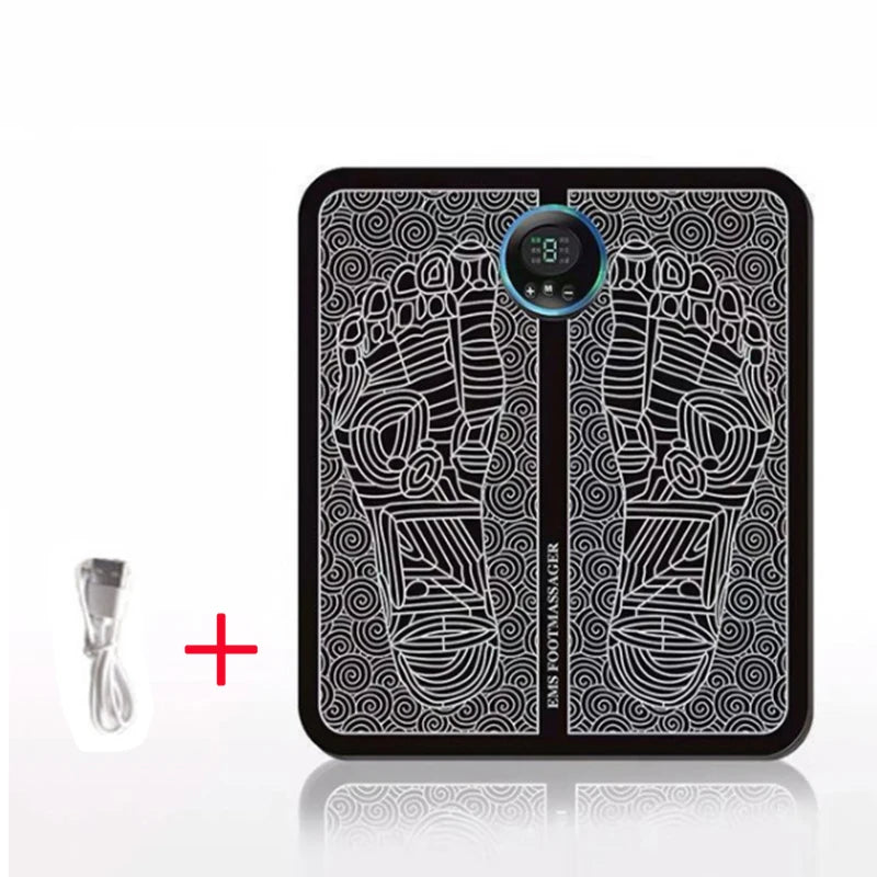 Portable black EMS foot massage mat with digital display, muscle stimulation pad for pain relief and blood circulation.