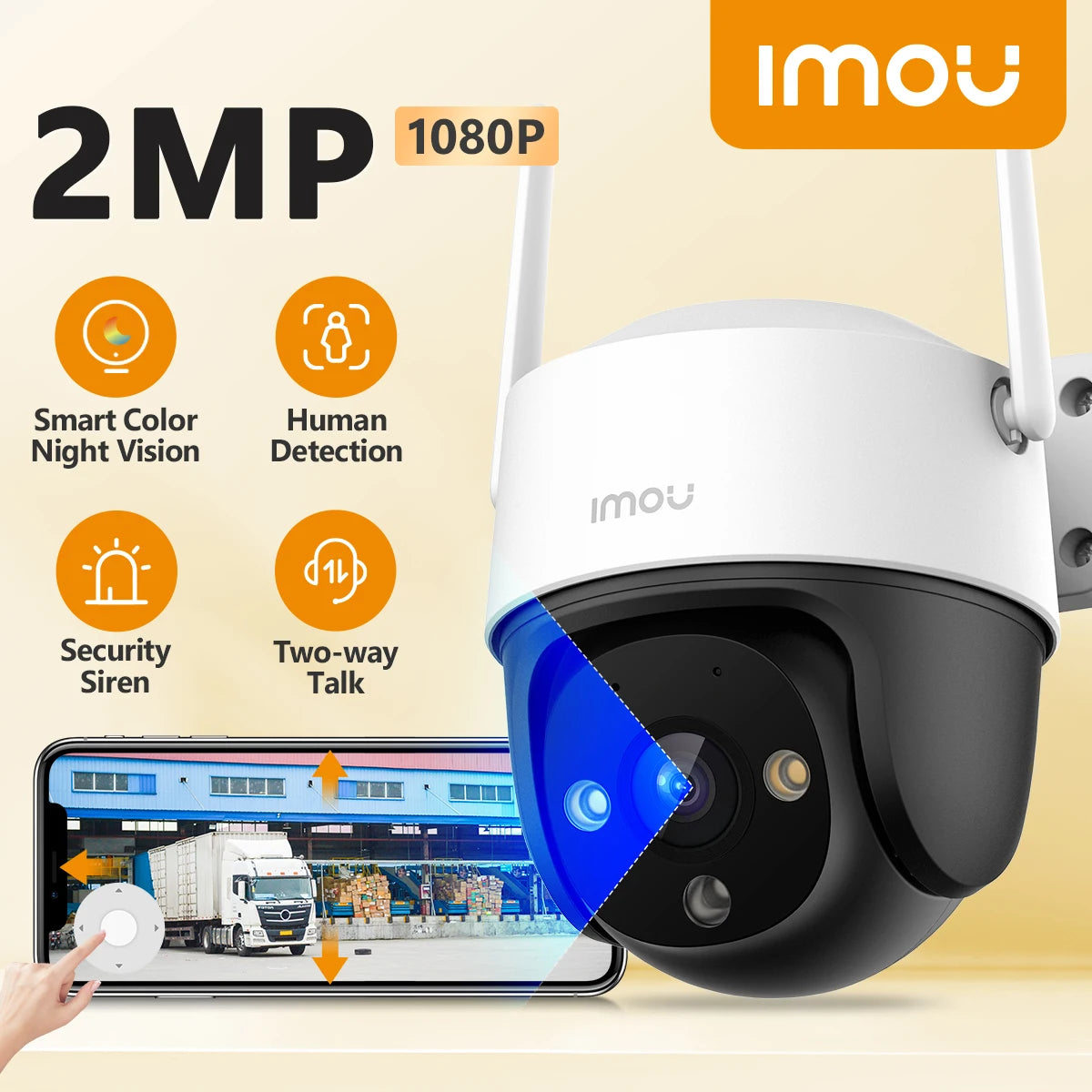 Outdoor dome Wi‑Fi camera with white body and dark lens, built-in siren and smart features.
