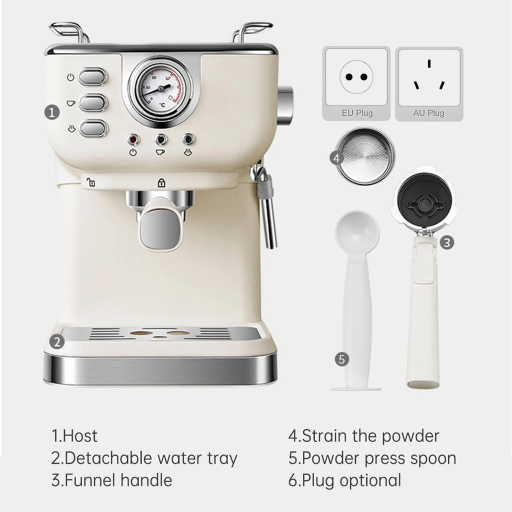 Cream-colored espresso machine with chrome accents, pressure gauge, portafilter, scoop, and optional EU or AU plugs.