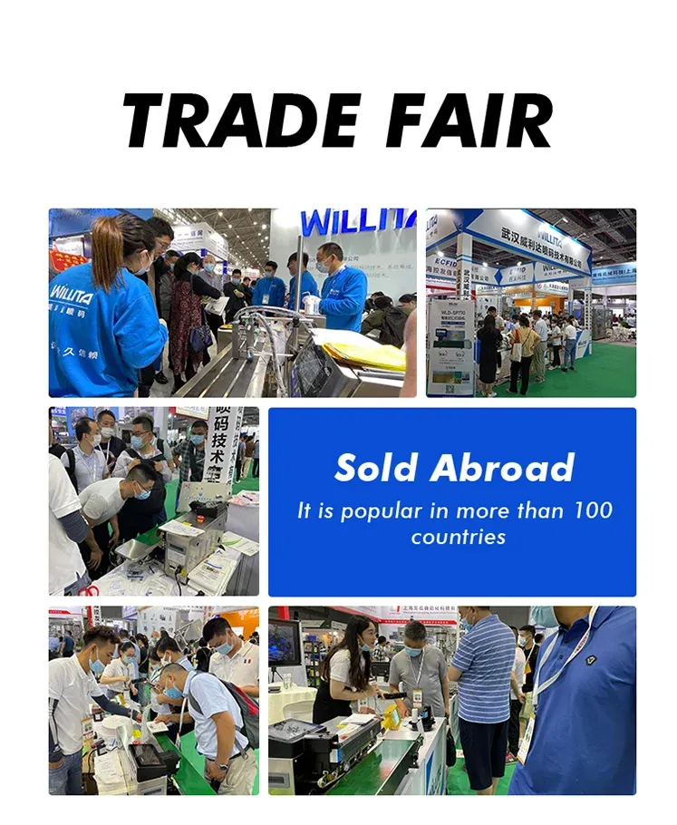 Industrial inkjet printer trade fair marketing graphic with booth photos and sold abroad notice
