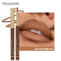 Waterproof matte lip liner pencil in nude brown shade, showing long-lasting, silky smooth texture on lips.