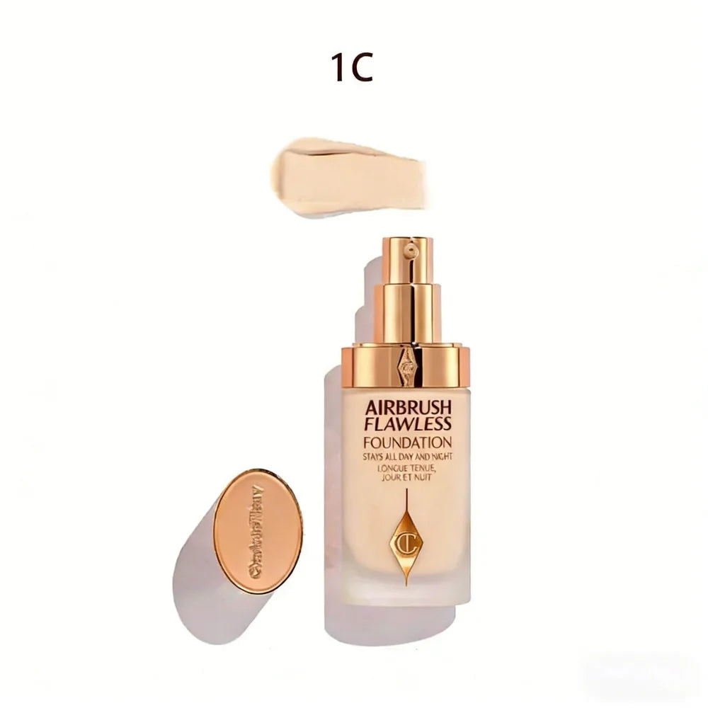 Charlotte Tilbury Airbrush Flawless Foundation in shade 1C. Light beige liquid foundation with pump in glass bottle.